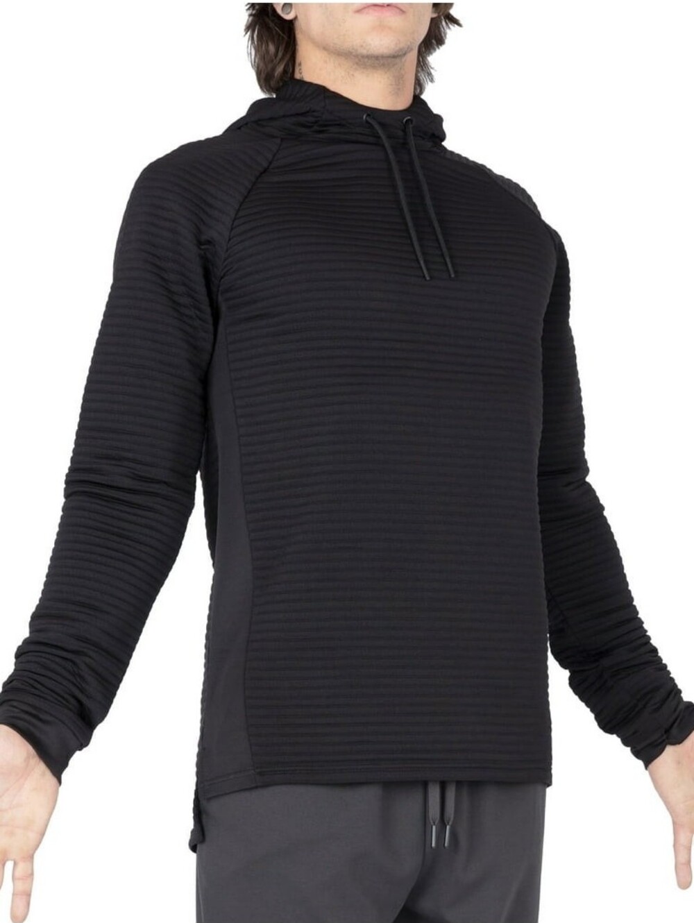 NWT Apana Ottomon Linear Ribbed High-Low Black Pullover Hoodie Size Large